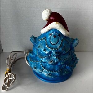 Vtg Lighted Ceramic Smiley Face Christmas Tree W/ Plastic Bulbs & Base